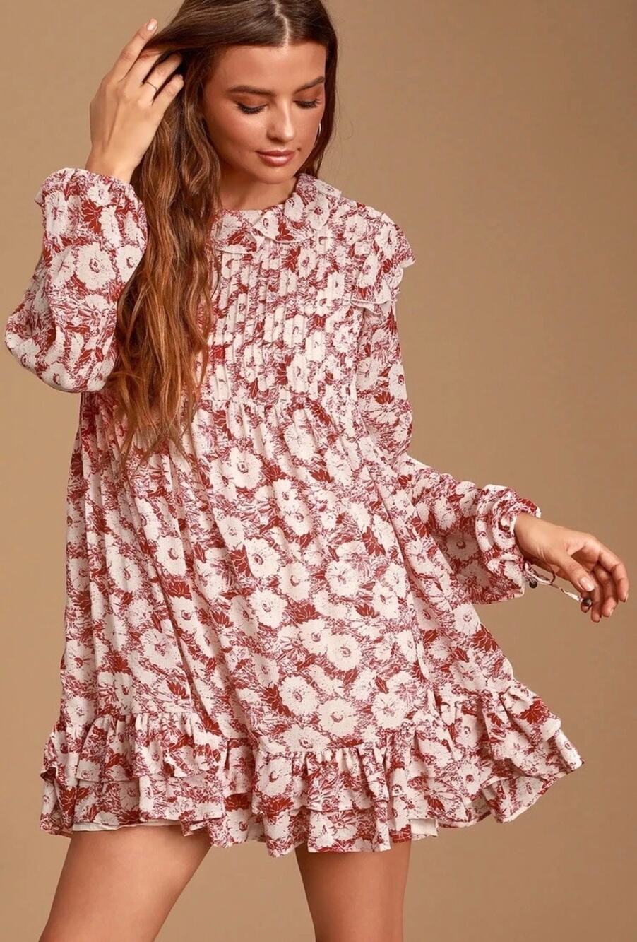 Free People These Dreams Mini Dress Sz L Red Cream Floral Boho Garden Babydoll